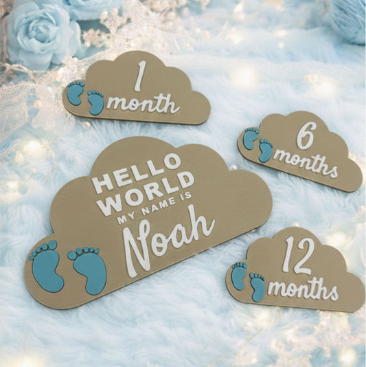 Baby milestone signs with text and footprints on a soft blue background with flowers.