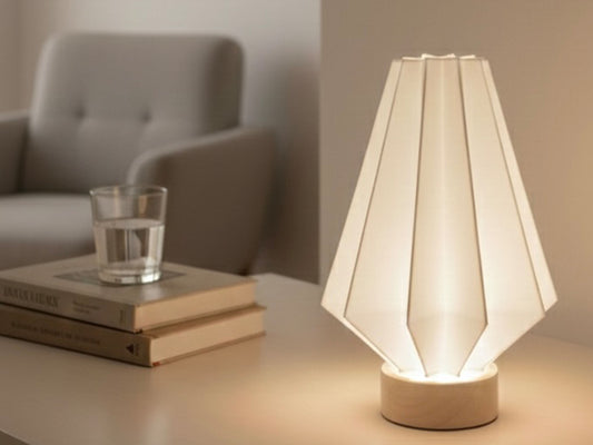 LED Lamp with Solid Wood Base Geometric - 7 Colour Auto-Cycle Minimalist 3D Light | Unique Origami Mood Lamp, USB Powered