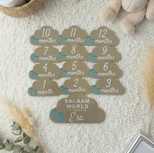 Personalised Salaam World Baby Milestone Clouds |Personalized Baby Announcement Sign|Monthly Photo Prop 1 - 12 Month|Custom Baby Shower Gift