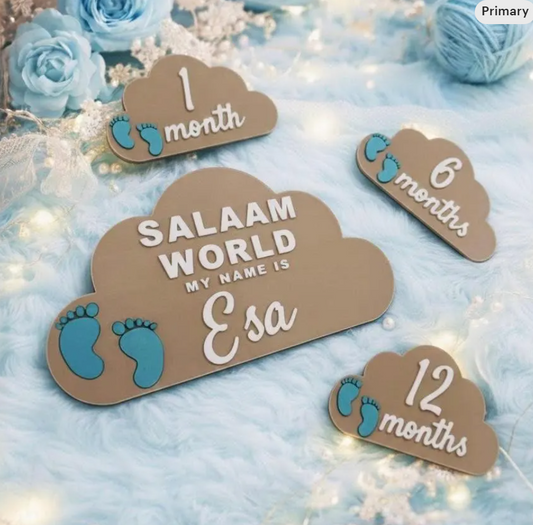 Personalised Salaam World Baby Milestone Clouds |Personalized Baby Announcement Sign|Monthly Photo Prop 1 - 12 Month|Custom Baby Shower Gift