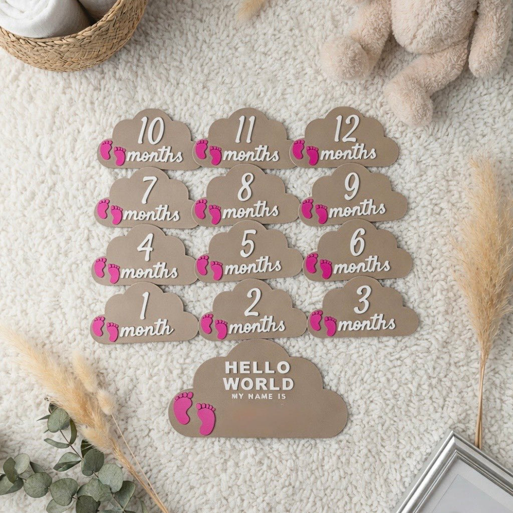 Personalised Hello World Baby Milestone Clouds |Personalised Baby Announcement Sign|Monthly Photo Props 1 - 12 Month|Custom Baby Shower Gift