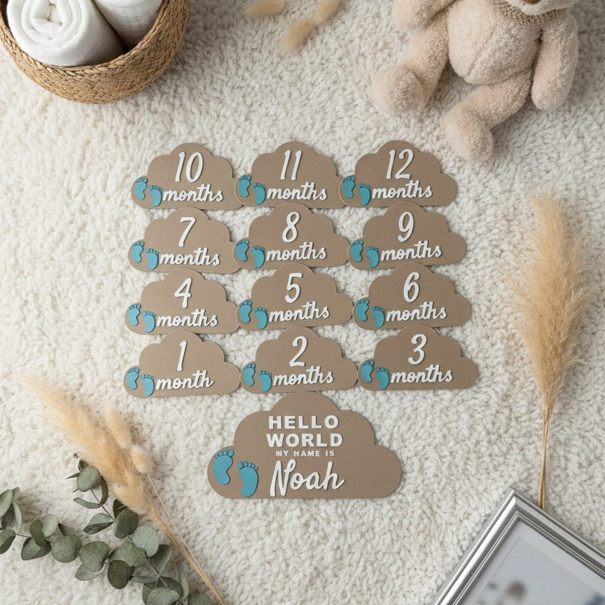 Personalised Hello World Baby Milestone Clouds |Personalised Baby Announcement Sign|Monthly Photo Props 1 - 12 Month|Custom Baby Shower Gift